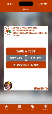 iPassPro Electrical Wiring Home screen with Take a test, Settings, Results and Revision Cards buttons