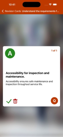 iPassPro Electrical Wiring Revision Card showing the answer side with tick and bin buttons