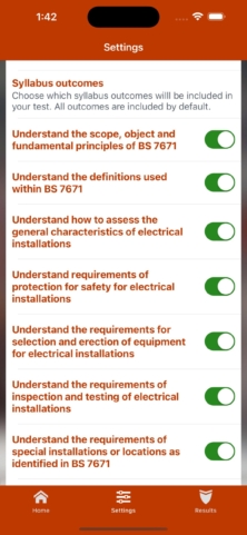 iPassPro Electrical Wiring Settings screen with syllabus outcome toggles