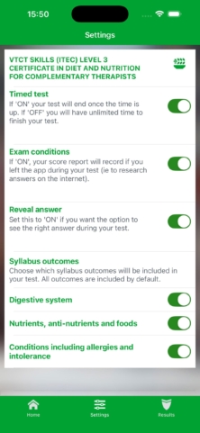 iPassPro Settings screen with syllabus outcome toggles