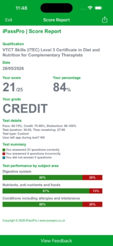 Diet and nutrition practice test score report with performance by subject area