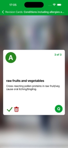 iPassPro Revision Card showing the answer side with tick and bin buttons