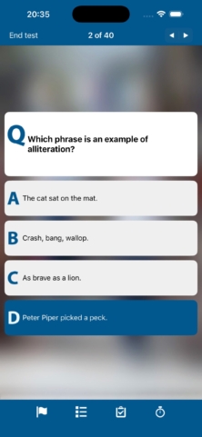 GCSE English Language question 2 of 40 about alliteration, with four answer options