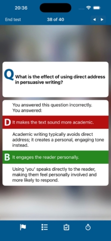 Feedback screen explaining an incorrect answer on a direct address question, with the correct option shown