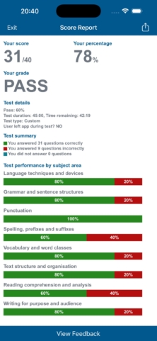 Score report showing 31 out of 40, 78 percent and a PASS grade