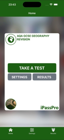 GCSE geography practice test home screen with a Take a Test button