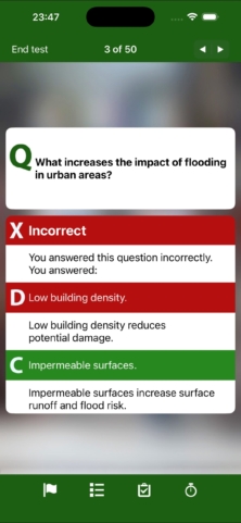 Feedback screen explaining an incorrect answer and the correct option