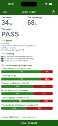 Score report showing a pass grade and results by topic