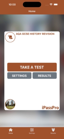 iPassPro GCSE History home screen with Take a Test, Settings and Results buttons