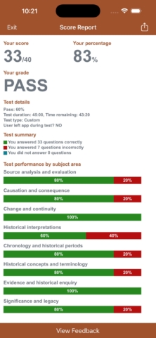 Score report showing 33 out of 40, 83 percent and a PASS grade, with results for each subject area