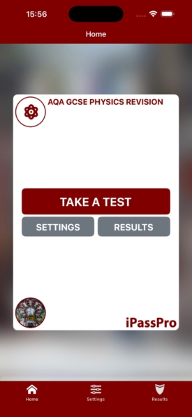iPassPro home screen with Take a test, Settings and Results buttons