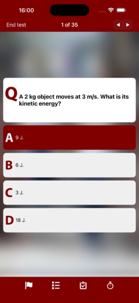 iPassPro GCSE Physics question 1 of 35 on kinetic energy, with answer A highlighted