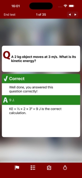 iPassPro GCSE Physics correct answer feedback, showing the kinetic energy calculation of 9 J