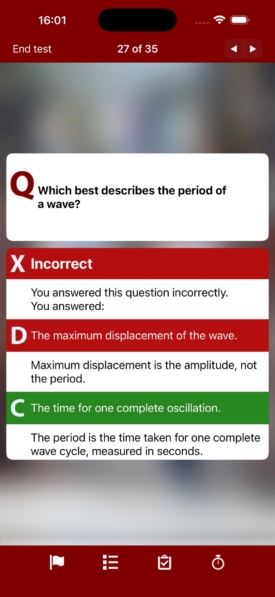 iPassPro incorrect answer feedback for question 27 of 35, with the correct answer and an explanation