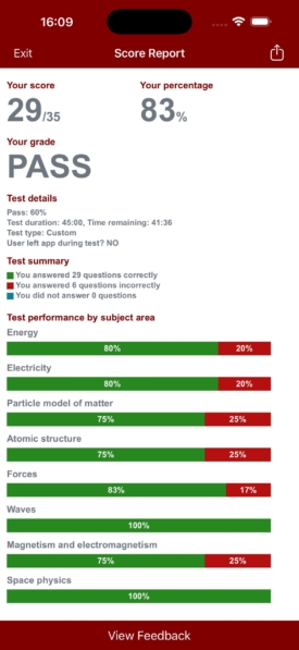 iPassPro GCSE Physics score report showing 29 out of 35, 83 per cent, PASS, with a performance bar chart by subject area