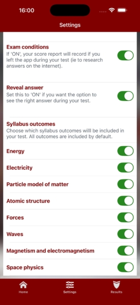 iPassPro Settings screen with exam conditions, reveal answer and syllabus outcome toggles